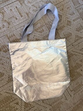 RARE Athleta silver 14x15” collectible vinyl shopping Metallic tote bag